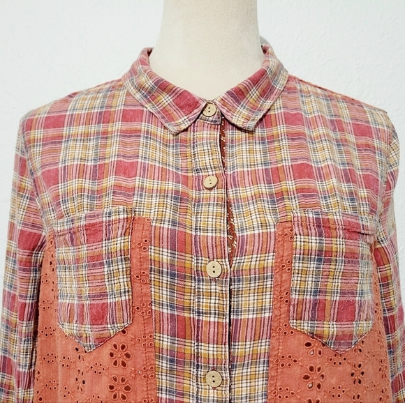 Miss Me Women’s SZ Small Plaid & Lace Button Down Shirt Long Sleeve Western Boho - Picture 3 of 12